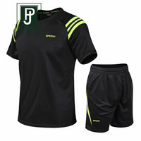 吉普盾运动套装男装健身跑步篮球服足球羽毛球夏季短袖短裤两件套 黑色 3XL