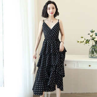 初申 2020夏季新款时尚波点吊带裙韩版V领气质蛋糕裙 SWQZ193418 黑色 S