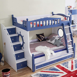 摩高空间实木儿童床高低床子母床上下床双层床母子床上下铺储物床蓝色2000*1200*1820(单床+柜梯+拖床）