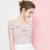 Vero Moda 318201503 条纹一字领蝴蝶结无袖修身短袖T恤