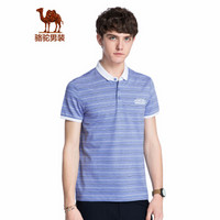骆驼（CAMEL）男装 夏季青年翻领条纹休闲T恤微弹短袖POLO衫X8B355075浅蓝_L