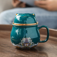 苏氏陶瓷 茶格盖杯彩画 招财猫过滤水杯 孔雀绿款