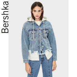 Bershka女士 休闲拼接假两件连帽夹克牛仔衣外套女 06197777428
