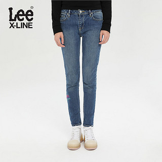 LeeX-LINE秋冬女433蓝色洗水logo刺绣修身显瘦牛仔裤LWS4332EX54W