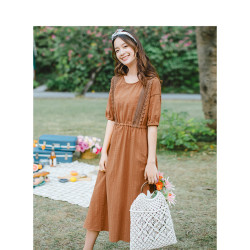 茵曼夏装新款圆领文艺复古小清新收腰显瘦宽松A字连衣裙女
