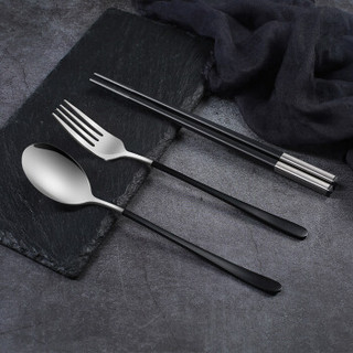 十咏 创意304不锈钢携式餐具套装 学生成人筷子勺子叉子盒装黑色款四件套SY-6150