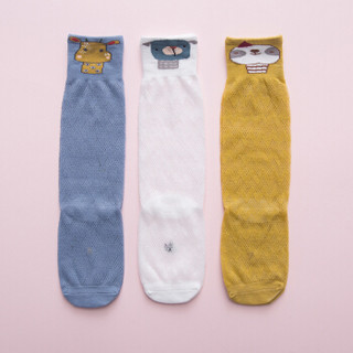 馨颂婴儿袜子宝宝夏季薄款卡通防蚊袜儿童网纹中筒袜三双套装 蓝白黄 S（3-5岁）