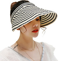 MAXVIVI 遮阳帽女 夏季户外宽檐大檐条纹空顶帽WMZ823002 米色