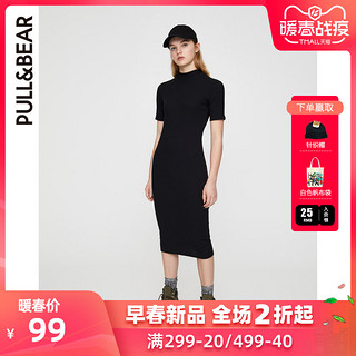 PULL&BEAR 连衣裙气质女神范衣服短袖罗纹中长版连衣裙 05391337 XS 黑色