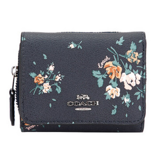 COACH 蔻驰 奢侈品 女士藏青色印花皮革短款钱包卡包零钱包 91752 SVF23