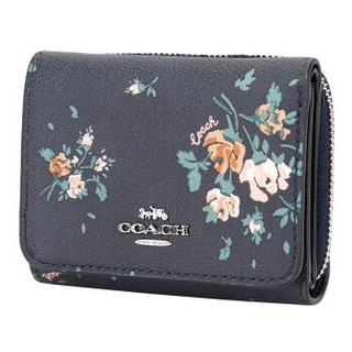 COACH 蔻驰 奢侈品 女士藏青色印花皮革短款钱包卡包零钱包 91752 SVF23