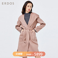 ERDOS 连帽通勤中长款系带收腰女士双面羊绒大衣外套纯色简约 155/80A 粉灰