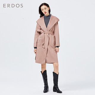 ERDOS 连帽通勤中长款系带收腰女士双面羊绒大衣外套纯色简约 155/80A 粉灰