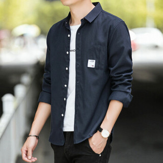 吉普盾衬衫男士潮流韩版长袖衬衣休闲时尚男装 深蓝色 XL