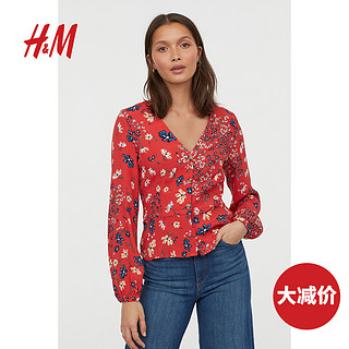 H&M 女士V领印花长袖衬衫 0707735 红色/花朵 XS