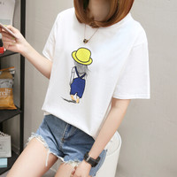 朗悦女装 夏季短袖T恤女韩版学生卫衣宽松圆领上衣 LWTC198452 白色卡通人短袖 M
