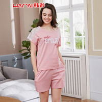 韩彩(HACAI)睡衣女 夏季丝光纯棉短袖蕾丝拼接休闲印花家居服套装 雅粉 165/90(L)
