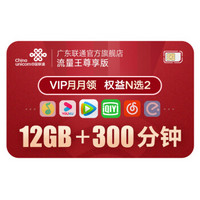 中国联通 流量王卡 12GB+300分钟 每月领2个VIP会员 手机卡 流量卡 电话卡 电信卡