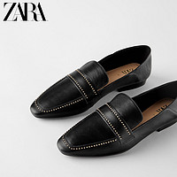 ZARA 新款 女鞋 黑色小铆钉羊皮革真皮平底莫卡辛鞋 15523001040