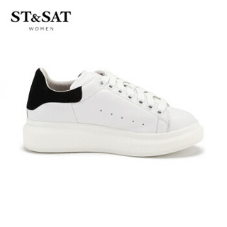 星期六女鞋（ST&SAT）牛皮革时尚舒适休闲小白鞋 黑色 34