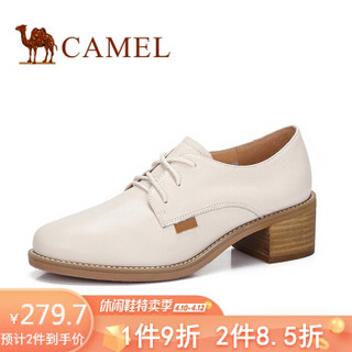 骆驼（CAMEL） 女士 复古简约牛皮车缝线圆头单鞋 A91027627 米白 39