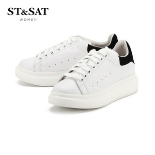 星期六女鞋（ST&SAT）牛皮革时尚舒适休闲小白鞋 黑色 34
