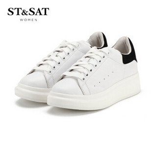 星期六女鞋（ST&SAT）牛皮革时尚舒适休闲小白鞋 黑色 39