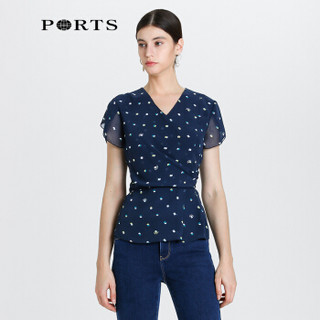 PORTS宝姿衬衫2020年春夏新品女装气质V领印花修身上衣 ALL8B017KPP097 NAVY PRINT 0