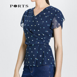 PORTS宝姿衬衫2020年春夏新品女装气质V领印花修身上衣 ALL8B017KPP097 NAVY PRINT 0