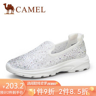 骆驼（CAMEL） 女士 轻盈透气蕾丝网布水钻装饰套脚休闲鞋 A012266216 白色 35