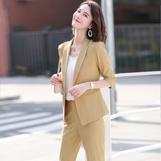 特洛曼正装女套装职业装气质英伦风2020年春款韩版时尚休闲通勤OL西装 黄色