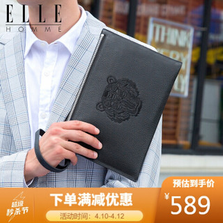 ELLE HOMME 专柜同款男士头层牛皮手包 虎头刺绣大容量手拿包商务休闲手抓信封包EB868710202黑色  生日礼物送男友老公