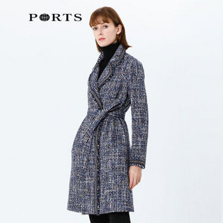 PORTS宝姿2019新品女装经典粗呢拼色修身中长大衣ALN9C009JFQ111 NAVY MIX 2