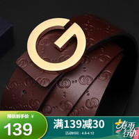 高尔夫GOLF牛皮腰带男士板扣皮带时尚字母扣双面扣头男士皮带商务休闲腰带礼盒5U470429J酒红色110CM-125CM