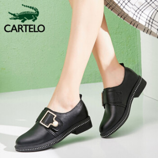 卡帝乐鳄鱼cartelo英伦风皮女鞋复古粗跟休闲鞋带扣厚底女单鞋时尚