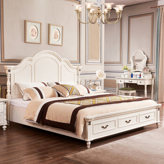 A家家具 床 美式简约实木脚储物高箱床 欧式卧室家具大床双人床 1.5米高箱床+床垫+床头柜*2 XM009