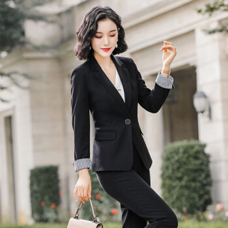 特洛曼黑色小西装外套女气质休闲韩版单扣2020年春秋职业女装套装正装长袖西服上衣工作服两件套HYN6849