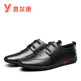 意尔康男鞋时尚韩版系带单鞋男日常生活休闲鞋舒适皮鞋 Y111GA82027W 黑色 39