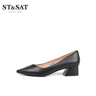 星期六（ST&SAT）漆面牛皮革舒适粗跟浅口单鞋 黑色 37