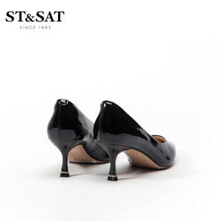 星期六（ST&SAT）漆面牛皮革舒适小猫跟浅口单鞋 黑色 35