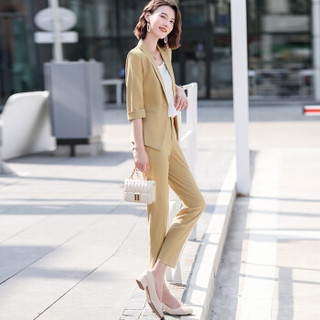 特洛曼正装女套装职业装气质英伦风2020年春款韩版时尚休闲通勤OL西装 黄色