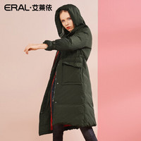 ERAL/艾莱依O2O新款2018羽绒服女中长款韩版加厚连帽大衣 黑色 160/84A/M