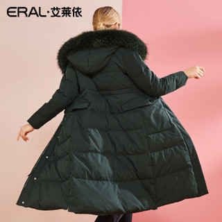 ERAL/艾莱依O2O羽绒服女大毛领2018冬季新款过膝加厚外套 黑色 155/80A/S