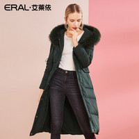 ERAL/艾莱依O2O羽绒服女大毛领2018冬季新款过膝加厚外套 黑色 155/80A/S