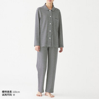 无印良品 MUJI 女式 无侧缝接结编织 睡衣 海军蓝X横条 XL