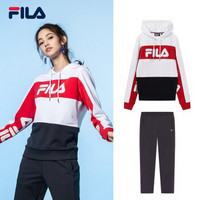 FILA  斐乐官方  女子套装  2019秋季新款套头卫衣针织休闲长裤 标准白+传奇蓝 XL