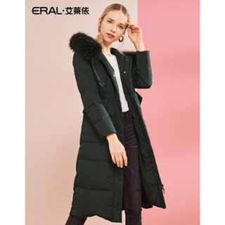 ERAL/艾莱依O2O羽绒服女大毛领2018冬季新款过膝加厚外套 橄榄绿 155/80A/S