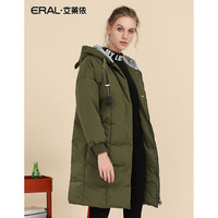 ERAL/艾莱依2018冬季新款女士羽绒服中长款加厚毛球外套 军绿 165/88A/L