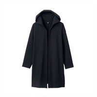 無印良品 MUJI 无印良品 女士连帽无扣针织抓绒中长款大衣W9AB233 黑色XS-S