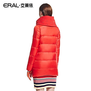 艾莱依女装铆钉立领长袖中长款加厚修身羽绒服ERAL6007D 熔焰红 M